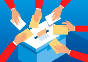 Voting hands and ballot box